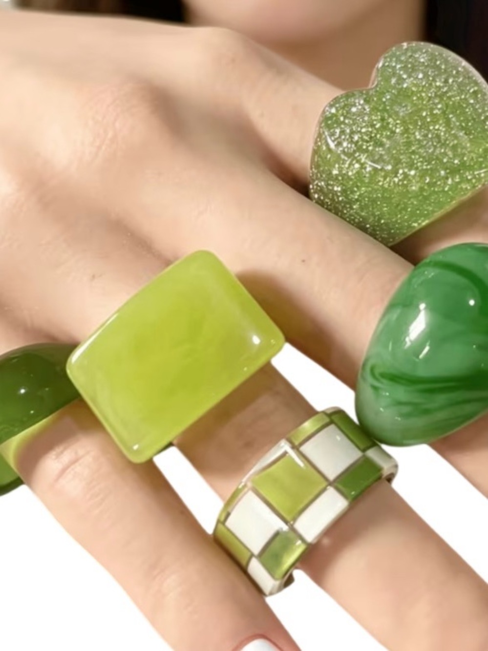 Y2K Matcha Mixed Texture Glitter Heart Checkered Green Resin Ring Set 5-Piece